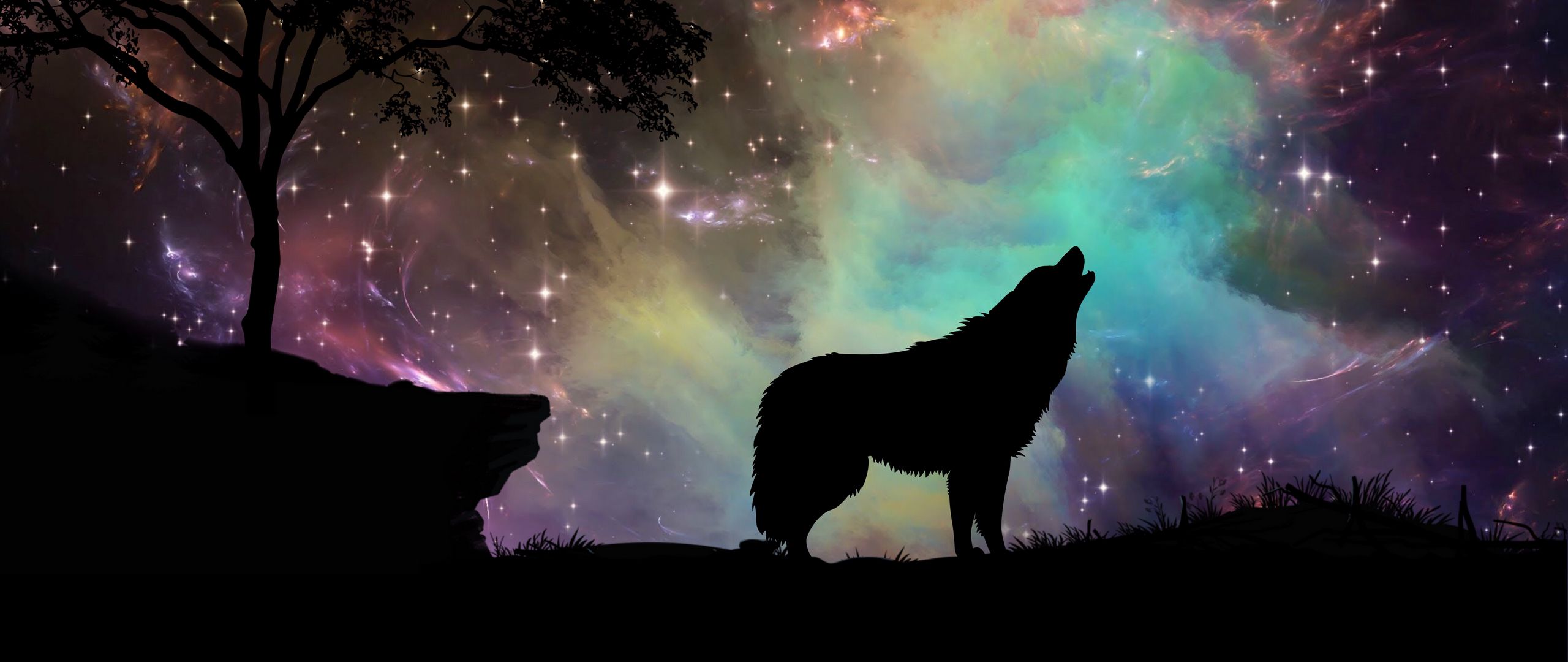 2560x1080 Wallpaper wolf, starry sky, silhouette, art
