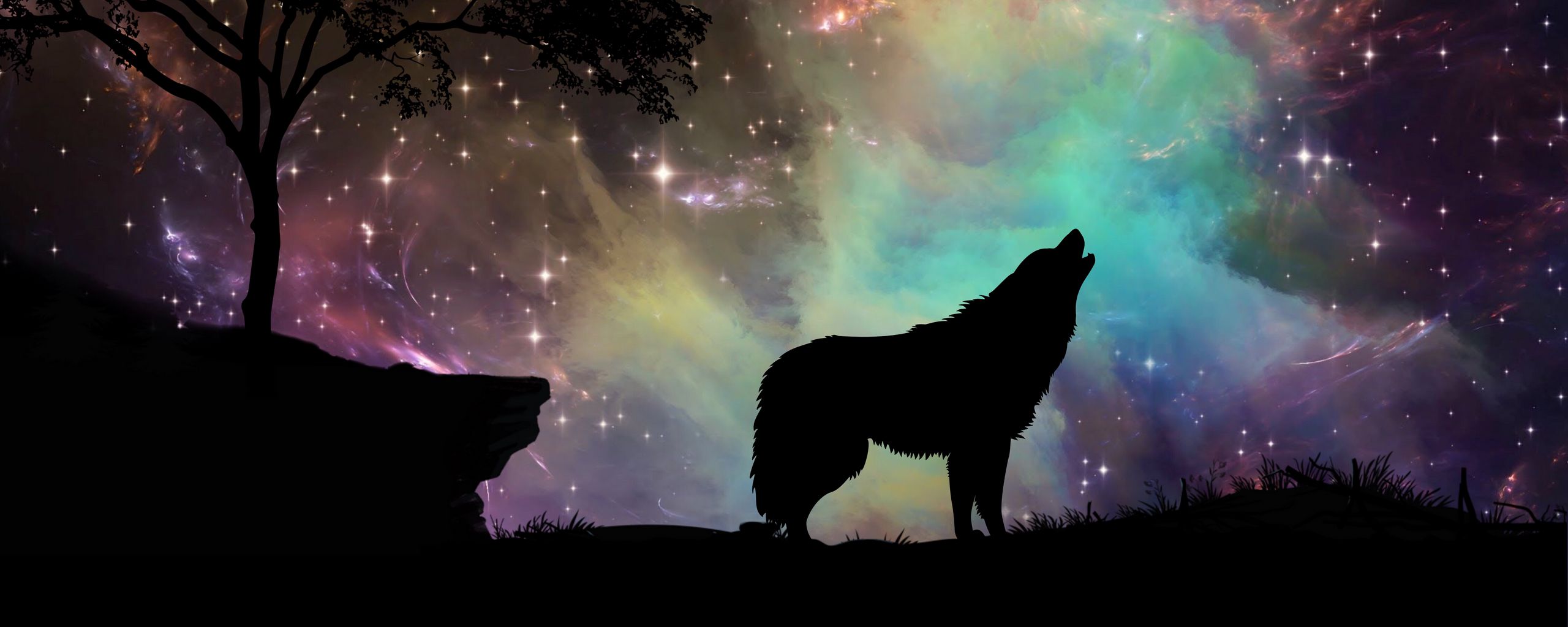 2560x1024 Wallpaper wolf, starry sky, silhouette, art