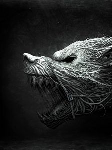 Preview wallpaper wolf, teeth, drawing, aggression, black, white