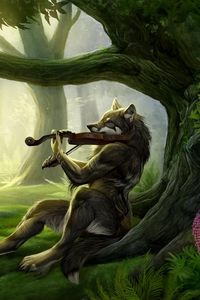 Preview wallpaper wolf, violin, wood, music