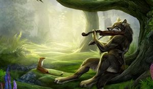 Preview wallpaper wolf, violin, wood, music