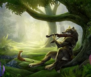 Preview wallpaper wolf, violin, wood, music