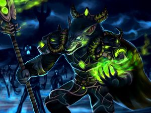 Preview wallpaper wolf, warrior, armor, glowing