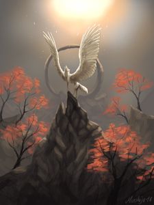 Preview wallpaper wolf, wings, circle, rock