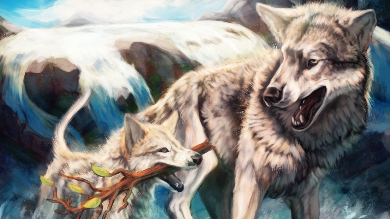 Wallpaper wolves, branch, river, wildlife, art