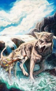 Preview wallpaper wolves, branch, river, wildlife, art