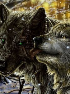 Preview wallpaper wolves, pair, tenderness, tongue, love, snow