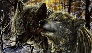 Preview wallpaper wolves, pair, tenderness, tongue, love, snow