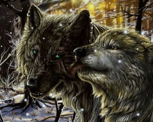 Preview wallpaper wolves, pair, tenderness, tongue, love, snow