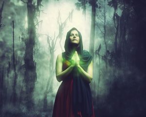 Preview wallpaper woman, magician, magic, forest, surreal