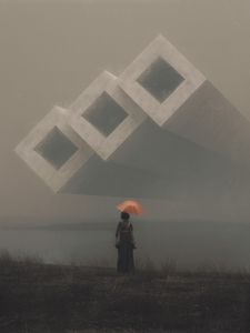 Preview wallpaper woman, umbrella, shapes, fog, art