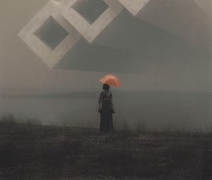 Preview wallpaper woman, umbrella, shapes, fog, art