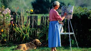 Preview wallpaper women, elderly, drawing, painting, canvas, dog, grass, leisure