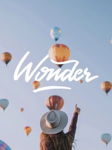 Preview wallpaper wonder, balloons, sky, inscription, girl, hat