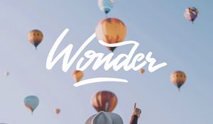 Preview wallpaper wonder, balloons, sky, inscription, girl, hat