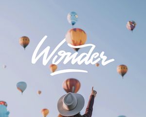 Preview wallpaper wonder, balloons, sky, inscription, girl, hat