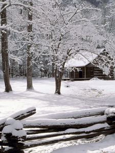 Preview wallpaper wood, fence, logs, small house, trees, hoarfrost, winter, tenessee