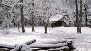 Preview wallpaper wood, fence, logs, small house, trees, hoarfrost, winter, tenessee