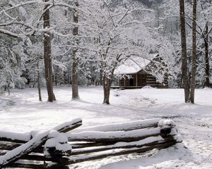 Preview wallpaper wood, fence, logs, small house, trees, hoarfrost, winter, tenessee