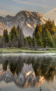 Preview wallpaper wood, fog, morning, mountains, reflection, colors