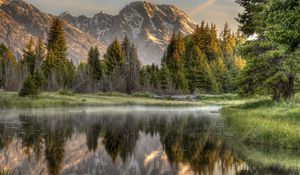 Preview wallpaper wood, fog, morning, mountains, reflection, colors