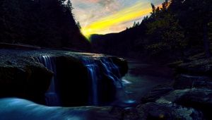 Preview wallpaper wood, river, falls, break, decline, evening, twilight, stones, landscape