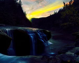 Preview wallpaper wood, river, falls, break, decline, evening, twilight, stones, landscape