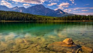 Preview wallpaper wood, trees, coast, lake, bottom, water, transparent, stones, mountains