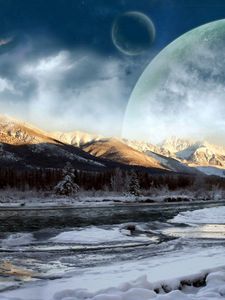 Preview wallpaper wood, winter, sky, planets, fantasy, snow, shade