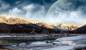 Preview wallpaper wood, winter, sky, planets, fantasy, snow, shade