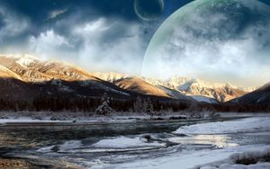 Preview wallpaper wood, winter, sky, planets, fantasy, snow, shade