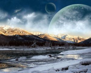 Preview wallpaper wood, winter, sky, planets, fantasy, snow, shade