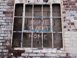 Preview wallpaper words, inscription, lattice, house, wall