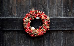 Preview wallpaper wreath, christmas, dogrose, acorns, cones