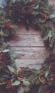 Preview wallpaper wreath, needles, cones, berries, wood, new year, christmas