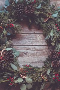 Preview wallpaper wreath, needles, cones, berries, wood, new year, christmas