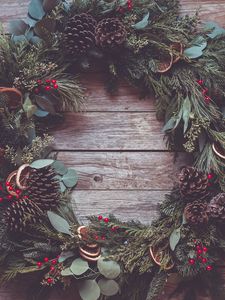 Preview wallpaper wreath, needles, cones, berries, wood, new year, christmas