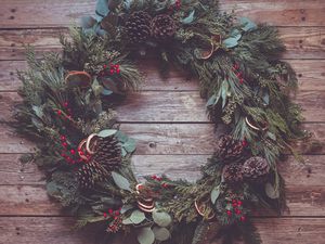 Preview wallpaper wreath, needles, cones, berries, wood, new year, christmas