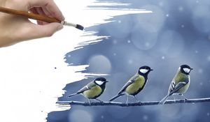 Preview wallpaper wrist, hand, illustration, branch, tits, birds, snow