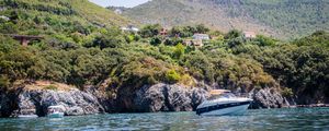 Preview wallpaper yacht, bay, sea, trees, mountains