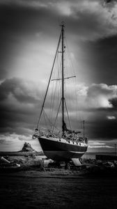 Preview wallpaper yacht, clouds, black and white