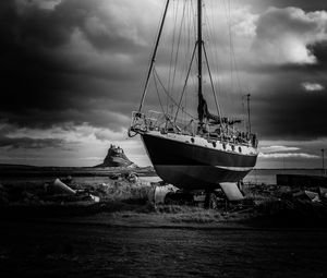 Preview wallpaper yacht, clouds, black and white