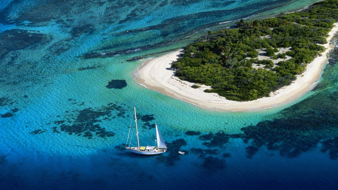Wallpaper yacht, island, beach, bank, from above, land, water, azure