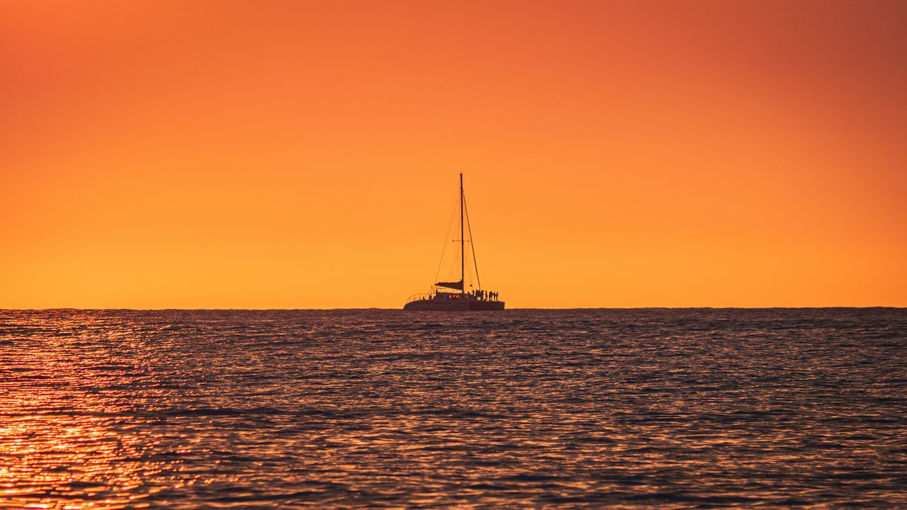 Wallpaper yacht, sea, sunset, minimalism