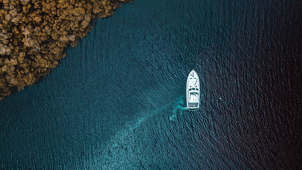 Wallpaper yacht, sea, trees, shore, view from above