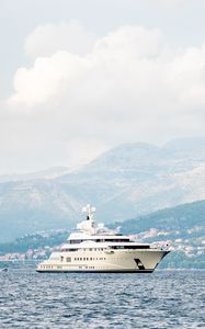 Preview wallpaper yacht, ship, sea, mountains, houses