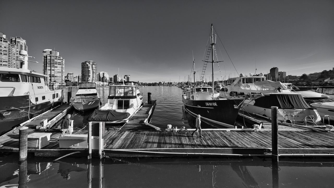 Wallpaper yachts, boats, pier, water, black and white