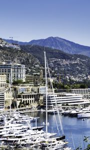 Preview wallpaper yachts, mast, bay, buildings, mountains