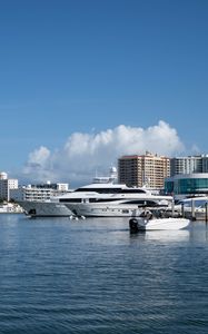 Preview wallpaper yachts, pier, buildings, water