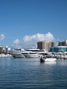 Preview wallpaper yachts, pier, buildings, water